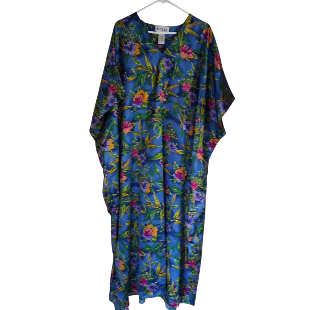 Vintage Winlan Satin Kaftan Mumu One Size Blue Floral Tropical Dress Long OS